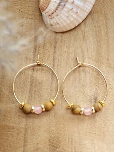 Geschenk Ohrringe Creolen boho Schmuck Gold Mond Rosenquarz - Bild 1 von 2