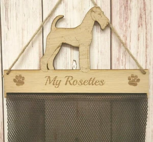 Irish Terrier Puppy Rosette Holder Oak Veneer Fabric Mesh Hanger Personalised - Picture 1 of 6
