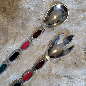 Serving Spoon Decorative Multicolor Enamel Inlay Scalloped Handle Silver Tone - Picture 1 of 7