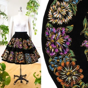 Vintage 1950s Circle Skirt 50s Mexican Metallic Floral Hand Painted Velvet - Picture 1 of 11