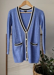 Women's TALBOTS Iris Blue Cable Knit Tipped Girlfriend Cardigan Sweater Size P - Picture 1 of 3