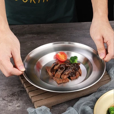  Piatti in Acciaio Inox Piatto Da Frutta Servire Vassoi Portata Rotondi - Immagine 1 di 4