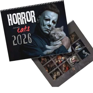 Calendario de pared de películas de terror y gatos de Halloween, calendario de gato con tema de miedo, 12 mensuales - Imagen 1 de 8