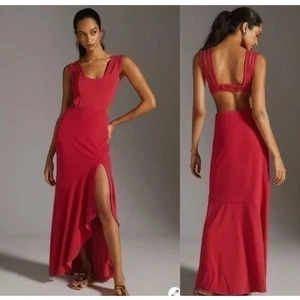 Maeve Anthropolgie Dress M Cut-Out Ruffled Maxi Dark Pink Long Stretch NEW NWT - Picture 1 of 11