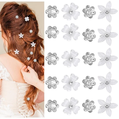 Juego de 20 pinzas para el cabello de novia, clips para flores de boda con pedrería, plateadas y blancas Foto 1 de 4