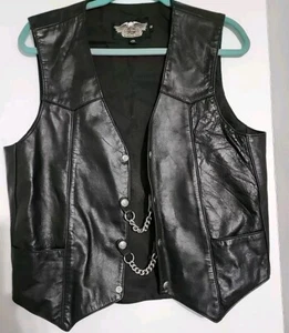 Harley Davidson Black Leather Vest With Two Extender Chains Size Small - Picture 1 of 15