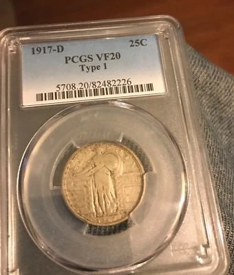 Certified 1917- d type one standing  Liberty quarter , PCGS VF20 - Image 1 of 3
