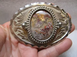 Hebilla de cinturón occidental antigua con hojas piedra preciosa pulida hecha a mano ágata plateada - Imagen 1 de 7
