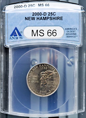 2000-D 25c New Hampshire State Quarter MS 66 ANACS # 1510723 + Bonus - Image 1 of 2