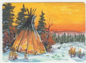Orig Acep Landscape Teepee painting on recycled playing card - Picture 1 of 1