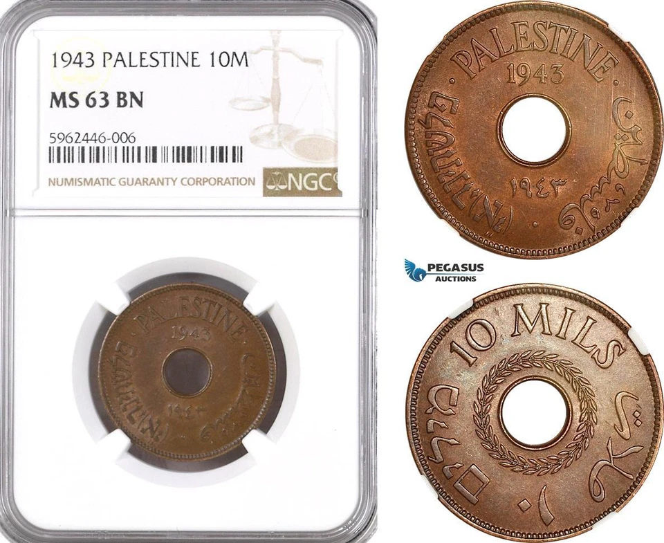 AH243, Palestine, 10 Mils 1943, London Mint, NGC MS63BN - Image 1 of 1