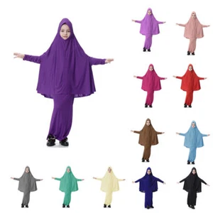 2pcs Kids Girls Overhead Khimar Abaya Blouse Long Skirt Sets Islamic Kaftan Arab - Picture 1 of 44