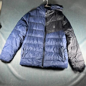 Spyder Mens Puffer Jacket Size L Navy Black Full Zip Hooded Pockets Long Sleeve - Picture 1 of 12
