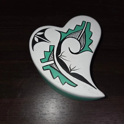 Hand Painted Heart Shaped Trinket Dish Southwest Style Decor Accent White Green - Image 1 of 4