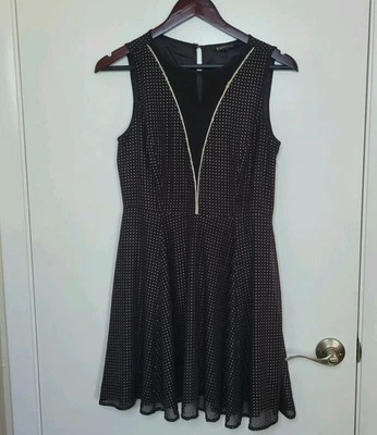 Express Black and Gold Studded V Neck Mesh Fit Flare Sleeveless Dress Size 6 - Image 1 of 4
