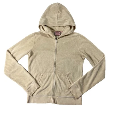 VTG Y2K Juicy Couture Terry Cloth Full Zip Hoodie Tan Women’s L Athleisure Paris - Image 1 of 4