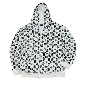 Y2K AOP Hoodie Mens Large White Black Skull Dollar Star Graphic Zip Sweatshirt - Picture 1 of 11