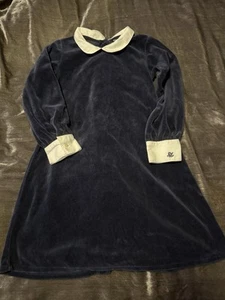 Vintage 90s Y2K Ralph Lauren Navy Blue Velvet Dress White Collar Monogramed 4T - Picture 1 of 10
