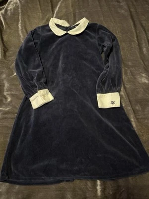 Vintage 90s Y2K Ralph Lauren Navy Blue Velvet Dress White Collar Monogramed 4T - Image 1 of 4