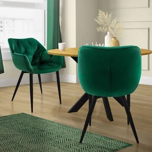 2x Sillas de terciopelo grueso verde oscuro asiento ergonómico para salón/cocina - Imagen 1 de 7
