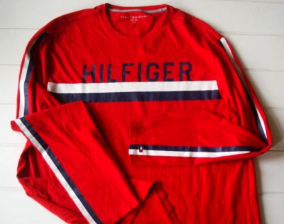 Camisa masculina Tommy Hilfiger logotipo soletrado LS VERMELHA + manga listras G EXCELENTE - Imagem 1 de 4