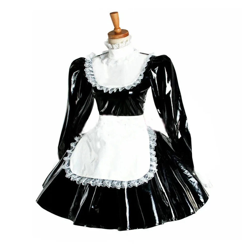 Vestido Sissy Wetlook PVC Lolita Mucama Disfraz Con Delantal de Encaje Adulto Juegos con disfraces Vestido Foto 1 de 4