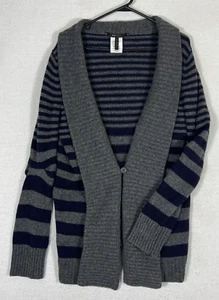 BCBG Max Azria Cardigan Womens Large Wool Striped Warm One Button Gray Navy - Picture 1 of 8