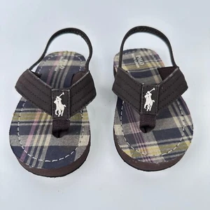 Polo Ralph Lauren Flip Flops Boys Size 9 Brown Plaid Sandals 998433 Theo - Picture 1 of 8