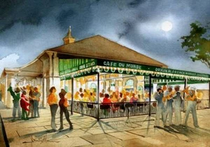 Imán para nevera Cafe du Monde Nueva Orleans. Paisaje de acuarela James Mann - Imagen 1 de 2