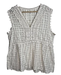 Max Studio Crochet Babydoll Tank Size L Peasant 70s Boho Cottagecore Windowpane - Picture 1 of 9