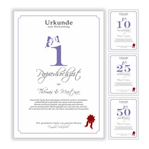 Hochzeitstag Geschenk Urkunde 1-80 Hochzeitstag Ehejubiläum wählbar - Bild 1 von 567
