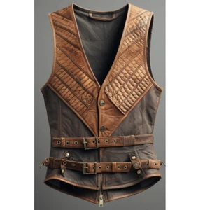 Men’s Brown Leather Vest-Vest Biker Cafe - Adjustable Vest Biker Cafe - S to 5XL - Picture 1 of 12