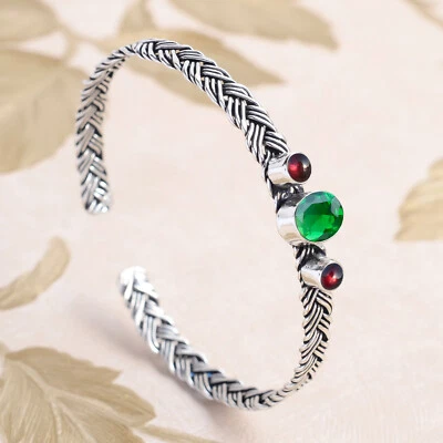 Green Diopside & Garnet Gemstone 925 Sterling Silver Cuff Dressy Bangle Jewelry - Image 1 of 4