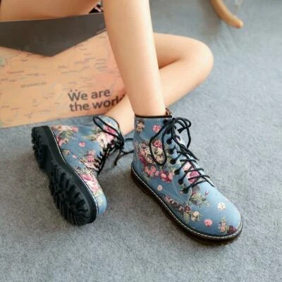 Mujeres Damas Moda Floral Estampado Denim Con Cordones Combate Botines Zapatos BFBR Foto 1 de 4