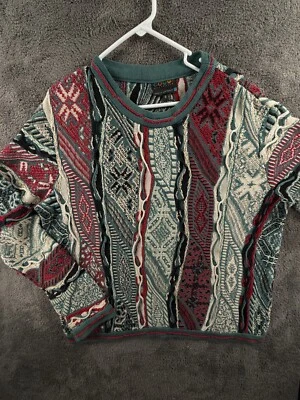 COOGI Sweater Men Knit Colorful Intricate Small Red Blue Geometric Cotton Blend - Image 1 of 4