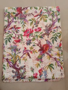 Indian Handmade Beige Bird Print Cotton Kantha Quilt Throw Blanket Bedspread Art - Picture 1 of 4