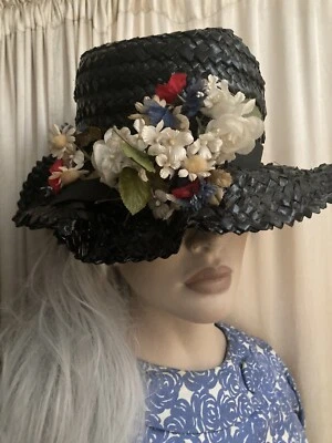 复古黑色宽边女式中号花卉力量 60 年代 — 第 1/4 张图片