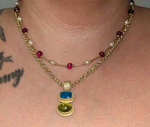 14k Yellow Gold Ruby And Pearl Spacer Bar Station Necklace - Picture 1 of 13