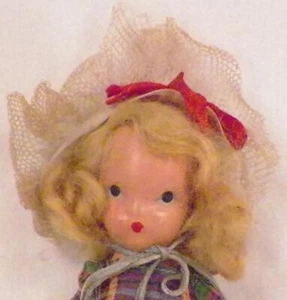 Nancy Ann Märchenbuch Puppe All Bisque kariertes Kleid 5,5 Zoll blondes Haar NAME HILFE - Bild 1 von 8