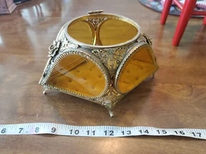 ANTIQUE BEVELED GLASS GOLD ORMOLU FILIGREE JEWELRY TRINKET BOX No LID - Picture 1 of 21
