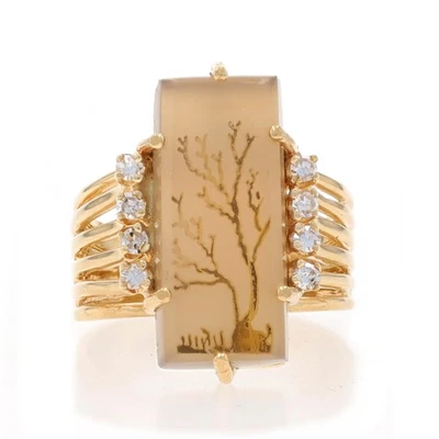 Anel vintage de ouro amarelo ágata dendrítica e diamante árvore - 14k 0,16 ctw natureza - Imagem 1 de 4