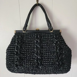 Borsa a mano media vintage in rafia nera da toeletta - Foto 1 di 11