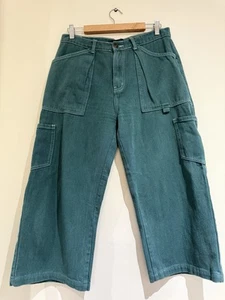 Lioness Womens Regular Fit Cargo Pants Green Denim Wide Leg High Rise Size L - Picture 1 of 15