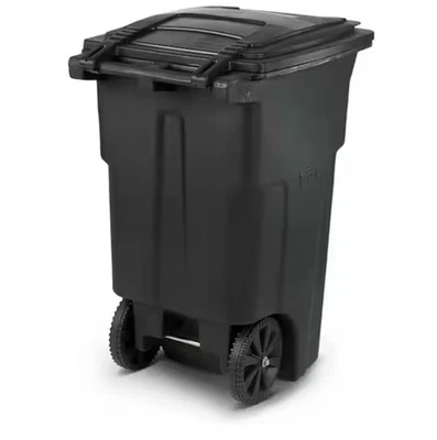 Bote de basura de plástico resistente para exteriores rodante negro de 64 galones, cocina Foto 1 de 2