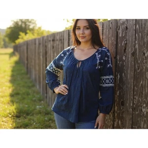 Cupio Women's Embroidered Swiss Dot Peasant Top Blouse Blue L/G festival boho - Picture 1 of 5