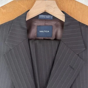 Nautica Suit Mens 46R Brown Pinstripe 2 Button 100% Wool Pants 40x29 Pleated - Picture 1 of 20