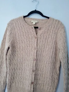 Appleseed's Medium 100% Wool Cable Knit Cardigan Sweater Beige Ribbed Cuff Hem - Picture 1 of 11