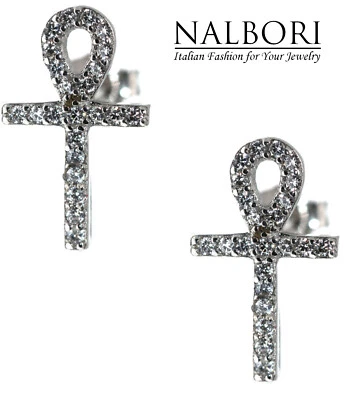 orecchini argento 925 zircone bianco croce egizia chiave della vita ansata ankh - Immagine 1 di 4
