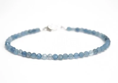 Pulseras ajustables A++++ delicadas cuentas redondas de piedras preciosas facetadas de aguamarina de 6-8"" Foto 1 de 4
