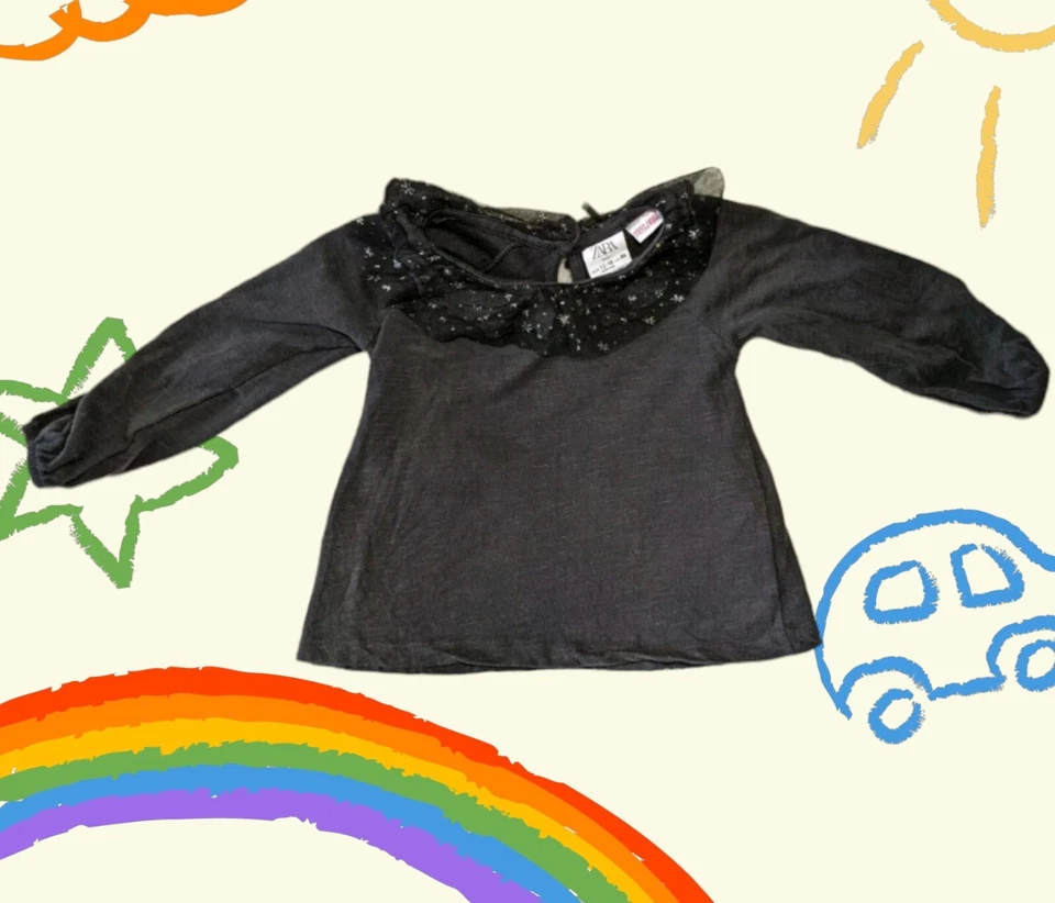 ZARA Niña Cuello Estrella Pullover Talla 12-18 Meses Manga Larga Top Camisa Carbón Foto 1 de 4